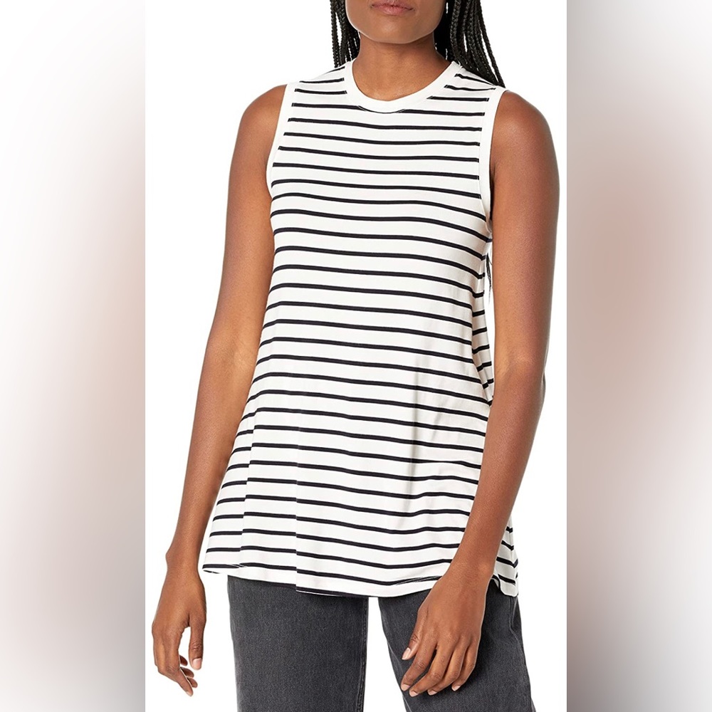Womens Relaxed Fit Muscle-Sleeve Jersey Tunic White / Navy Blue Stripes NEW